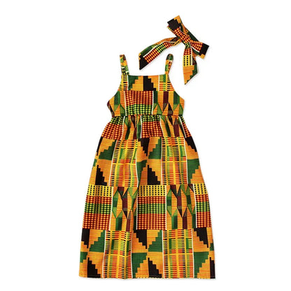 Girls African Clothes Children Fashion Cute Dresses Striped Print Dress for Baby w/ Headband Toddler Outfits