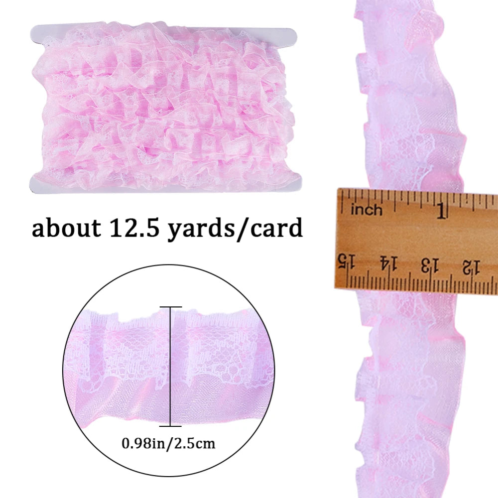 11 Yards Pink Double-Layer Pleated Chiffon Lace Trim 5cm Wide 2-Layer Gathered Ruffle Trim Edging Tulle Trimmings Fabric Ribbon