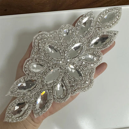 1PCS  AB Silver Rhinestone Applique flower patches Iron on/sew on wedding dress accessories For Clothes Decoration