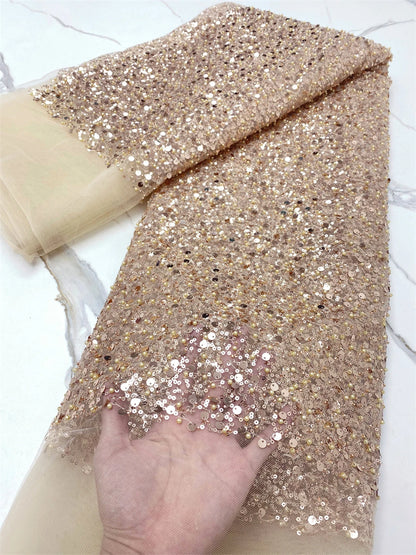 Gold Nigerian Luxury Beaded And Perals Lace Fabric High Quality 2024 African Sequins Tulle Lace Fabric For Woman Evening Dresses