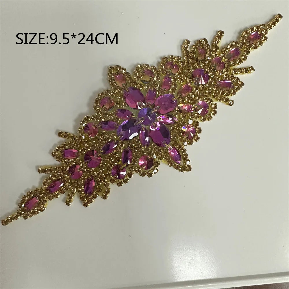 1PCS  AB Silver Rhinestone Applique flower patches Iron on/sew on wedding dress accessories For Clothes Decoration