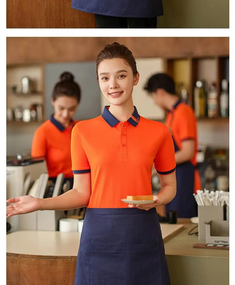 Customized Restaurant Polo Uniforms Unisex Short Sleeve Tee for Staffs Hotel Cafes Waiters Print on Demand T Shirt Men's Tops