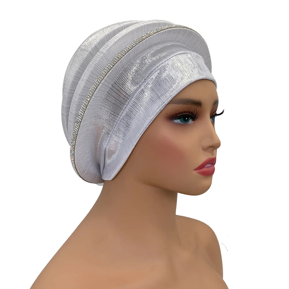 Elegant Diamonds Spiral Beret for Women Afrcian Lady Head Wraps Female Berets Turban Nigeria Headpiece Wedding Party Gele