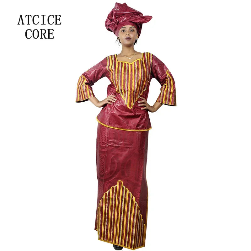 African Dresses For Woman Bazin Riche Computer Emboridery Plus Size Long Dress With Scarf