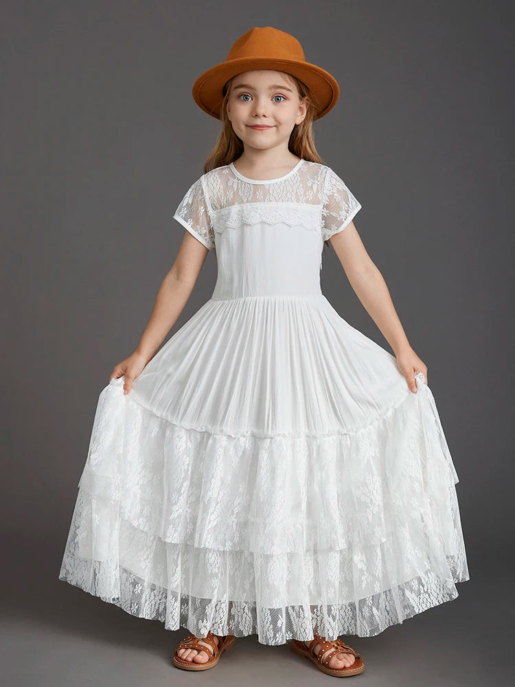 New 2024 Princess Girls Short Sleeve Lace Long Floor Dresses Baby Kids Flower Wedding Christmas Party Vestidos Children Clothing