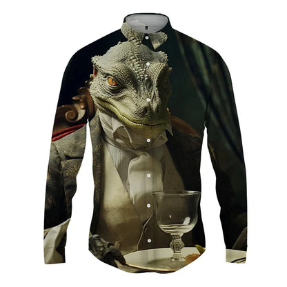 Cold-Blooded Lizard Print Men's Shirts Casual Single-Breasted Blouses Long Sleeve Shirt Streetwear Lapel Tops Trend Men Clothing