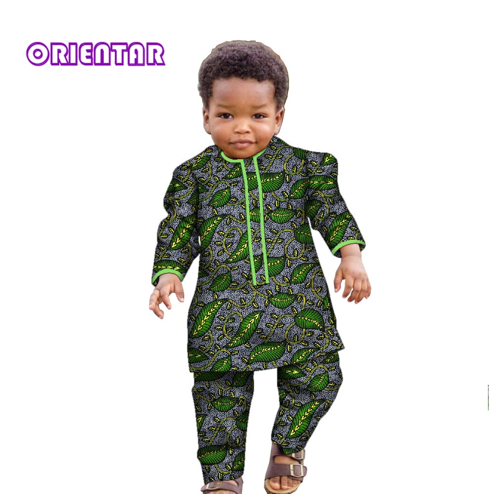 Ankara Fashion Floral Print Boy Suit 2 Pcs Set Long Sleeve Shirt and Pant African Clothes for Boy Dashiki Boy Outfit Wyt621