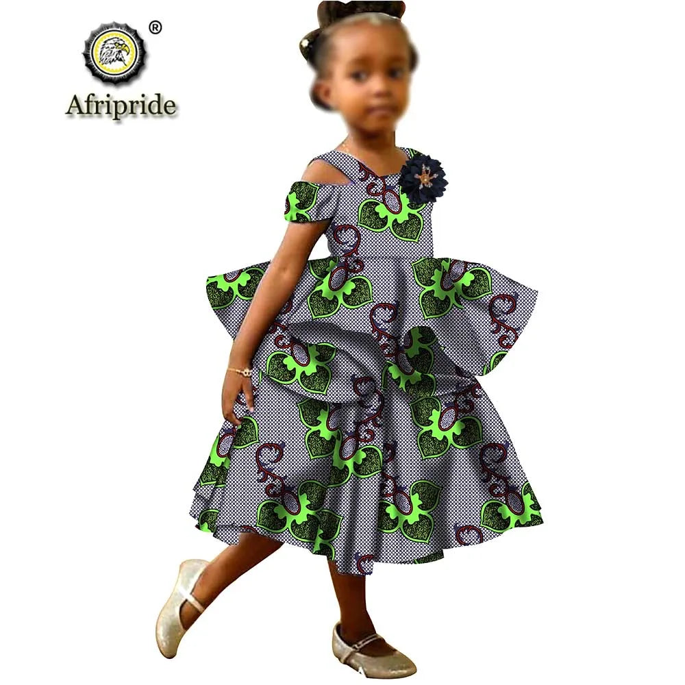 African Girls Dresses Sleeveless Double Princess Dress Casual Lovely Ankara Kids Print Mini Dress Shirt Dress AFRIPRIDE S1940017