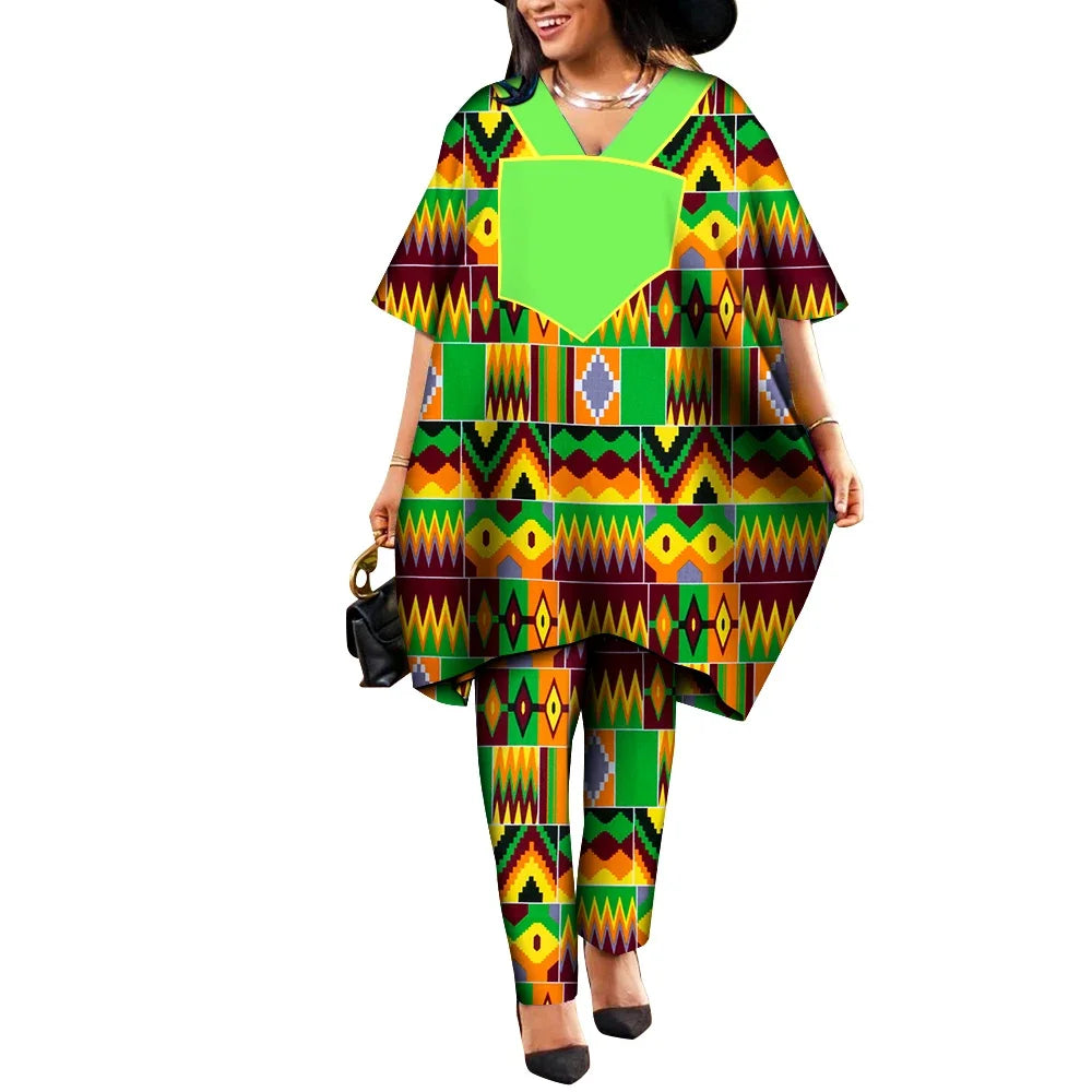 Ankara African Prints Two Pieces Set Women's Agbada Pant Suits Wax Cotton Loose T-Shirt Dashiki Clothing Plus Size WY9100