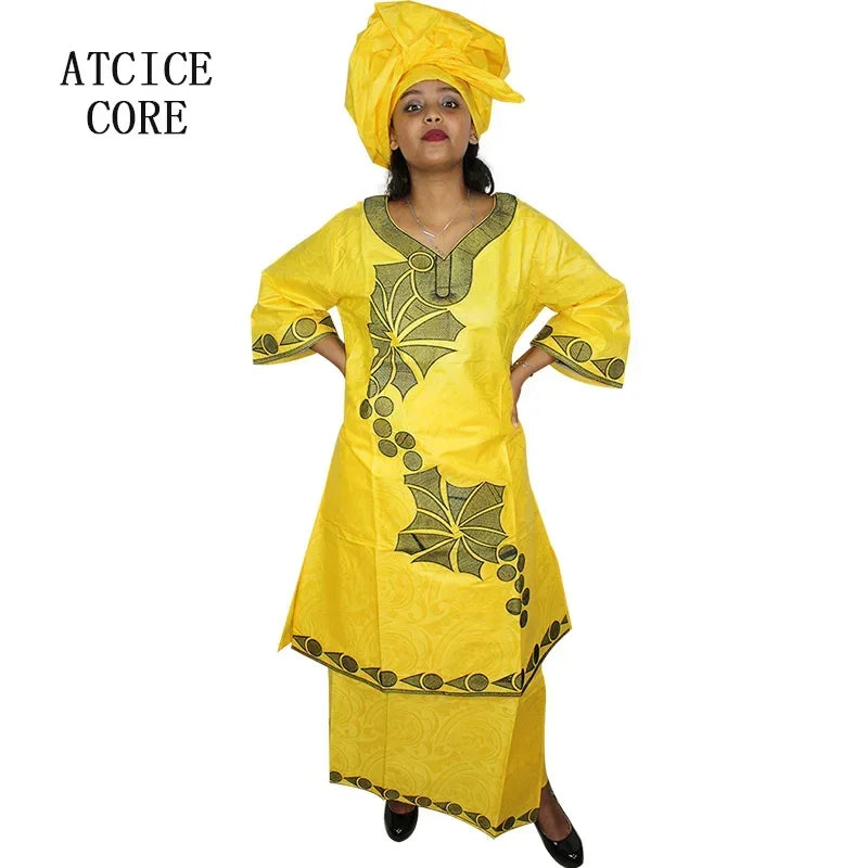 African Dresses Ror Women Bazin Riche Embroidery Design Long Dress With Rapper Scarf