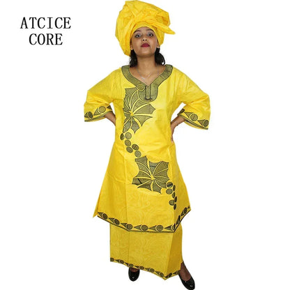 African Dresses Ror Women Bazin Riche Embroidery Design Long Dress With Rapper Scarf