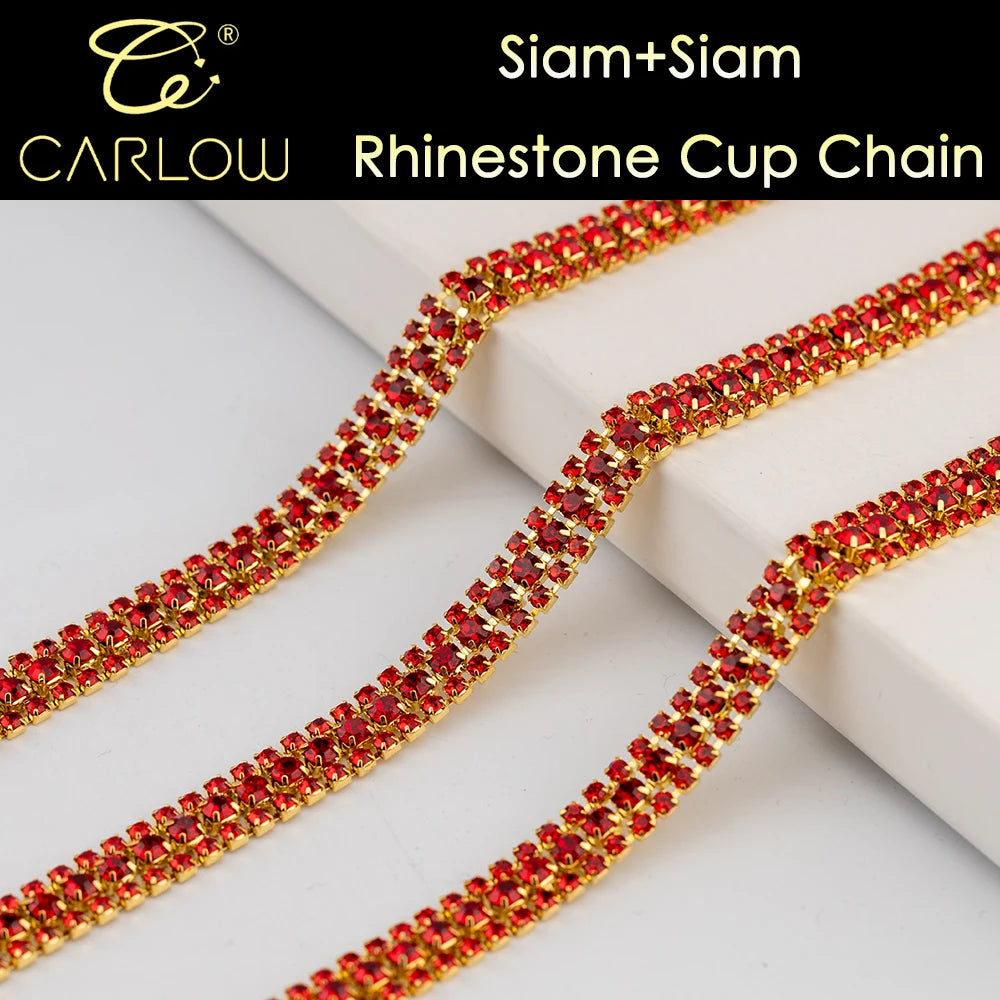 CARLOW AAAAA 3 Rows Rhinestone Cup Chain Sew on Shiny Gold Base Glass Stone Chain for Garement Decoration DIY