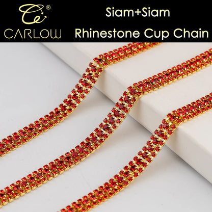 CARLOW AAAAA 3 Rows Rhinestone Cup Chain Sew on Shiny Gold Base Glass Stone Chain for Garement Decoration DIY