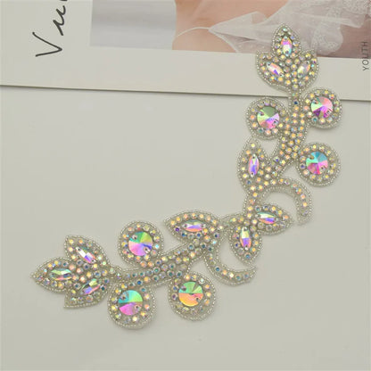 1PCS  AB Silver Rhinestone Applique flower patches Iron on/sew on wedding dress accessories For Clothes Decoration