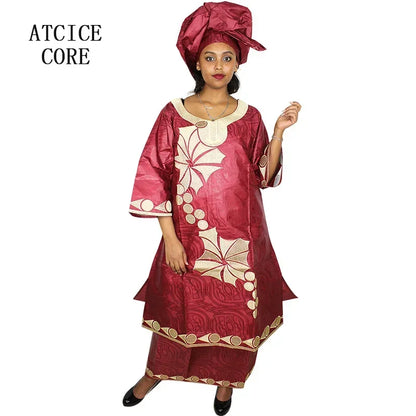 African Dresses Ror Women Bazin Riche Embroidery Design Long Dress With Rapper Scarf