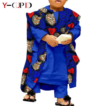 African Clothes for Kids Abaya Boys Outfits Bazin Riche Children Shirt and Pants Print Robes 3 Pieces Sets Ankara Suits S204032