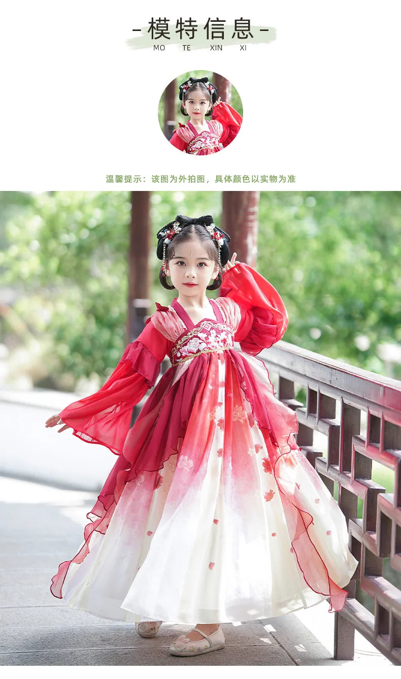 Chinese Vintage Style Girls Long Sleeve Red Hanfu Dress Sweet Chinese Princess Mesh Dress Traditional New Year Cosplay Custom