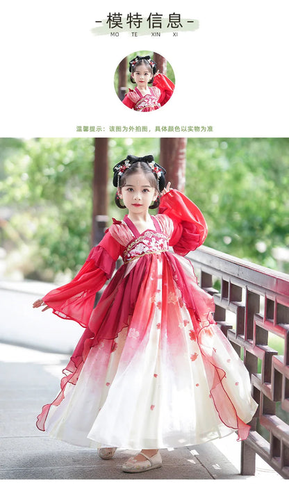 Chinese Vintage Style Girls Long Sleeve Red Hanfu Dress Sweet Chinese Princess Mesh Dress Traditional New Year Cosplay Custom