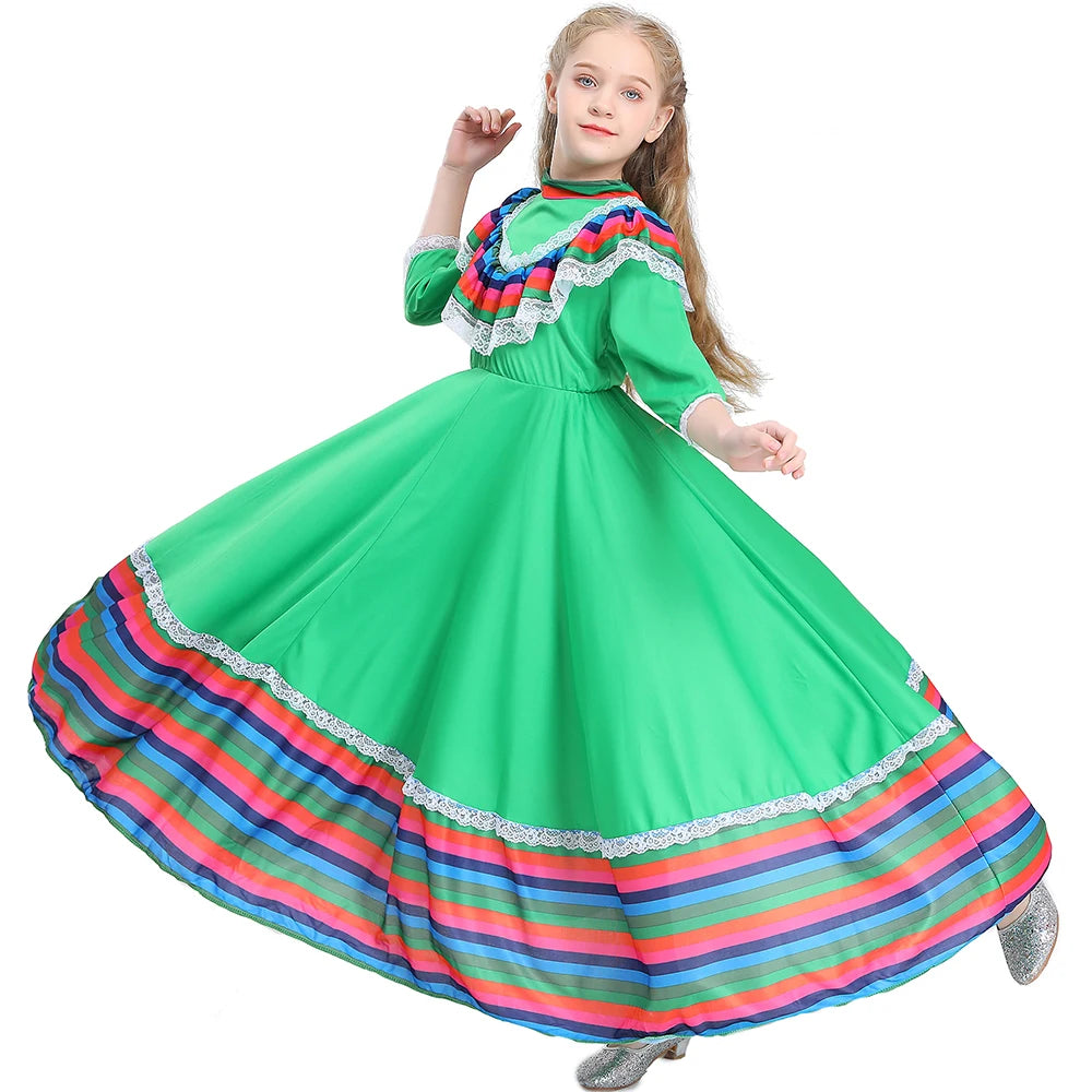 Child Girls Jalisco Traditional Guadalajara Mexican Folk Dancer Costume Halloween Carnival Costumes For Kids 3 Colors Available