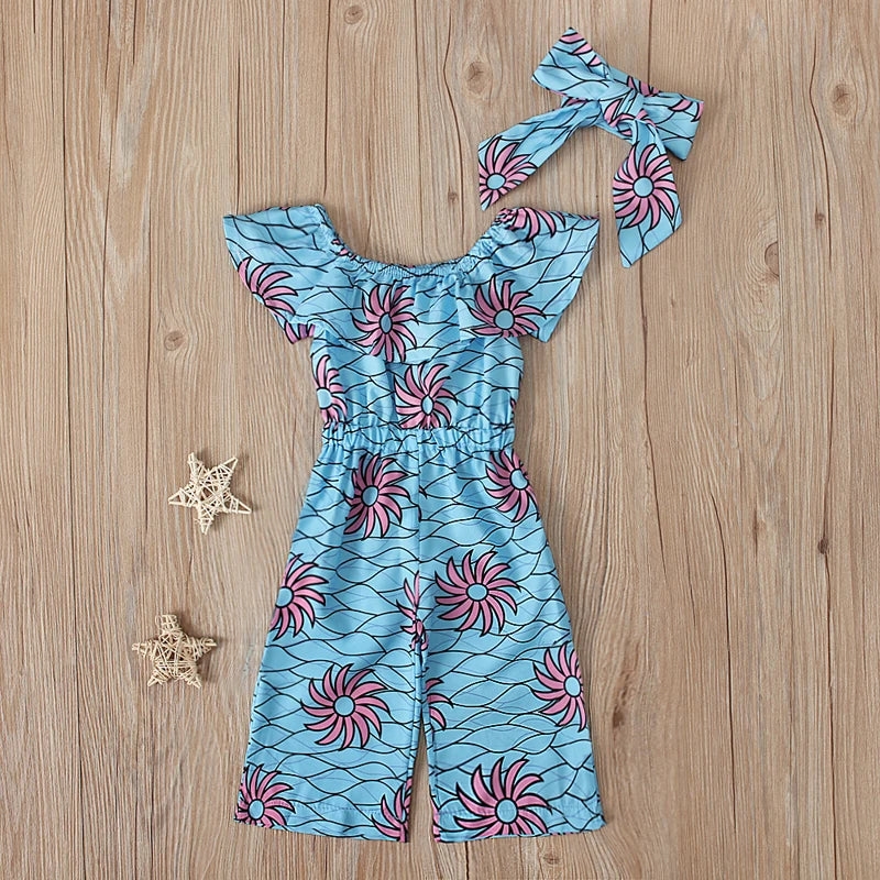 Girls Children European and American Summer Style Ruffle Off-shoulder Bohemian Bodysuit + Hairband Two-piece Set