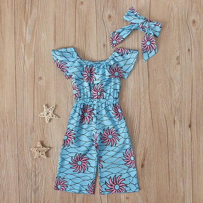 Girls Children European and American Summer Style Ruffle Off-shoulder Bohemian Bodysuit + Hairband Two-piece Set