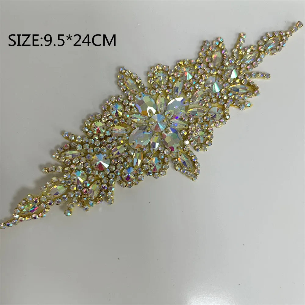 1PCS  AB Silver Rhinestone Applique flower patches Iron on/sew on wedding dress accessories For Clothes Decoration