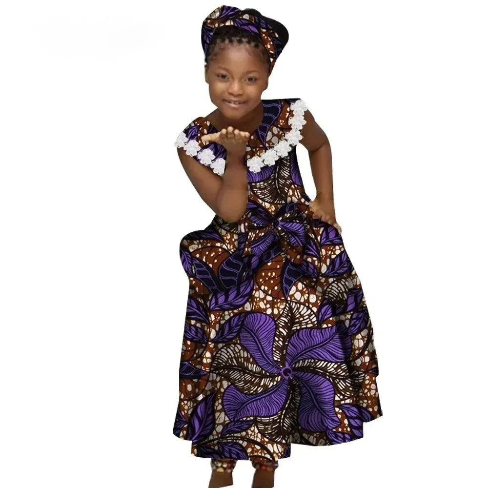 African Dresses for Little Girls Pleated Skirt Gifted Hair Band Lovely Girl Clothing with Big Bow Custom Size Clothes  WYT538