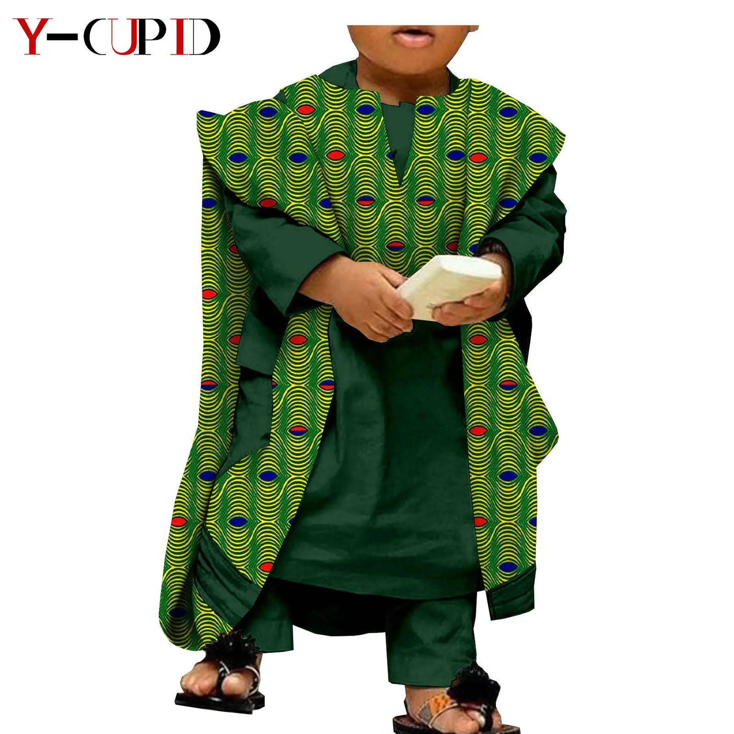 African Clothes for Kids Abaya Boys Outfits Bazin Riche Children Shirt and Pants Print Robes 3 Pieces Sets Ankara Suits S204032