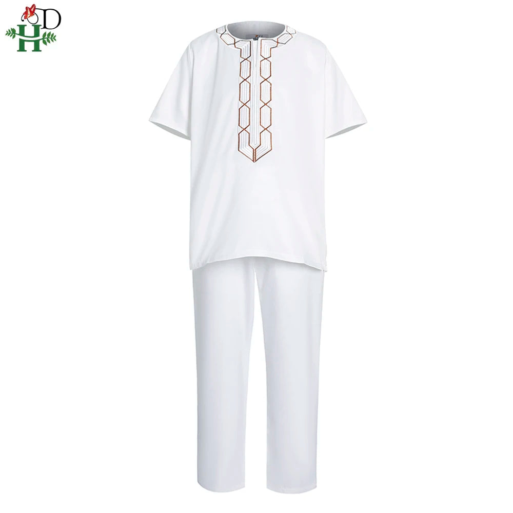 H&D Shirt Pants 2 Pieces Set For Kids Boys 2022 African Outfit Children Dashiki Embroidery Short Sleeve Top Trouser Suit Robe