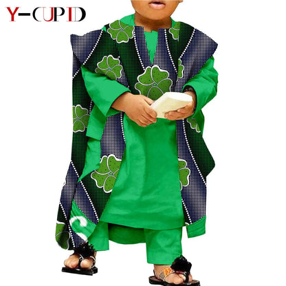 African Clothes for Kids Abaya Boys Outfits Bazin Riche Children Shirt and Pants Print Robes 3 Pieces Sets Ankara Suits S204032