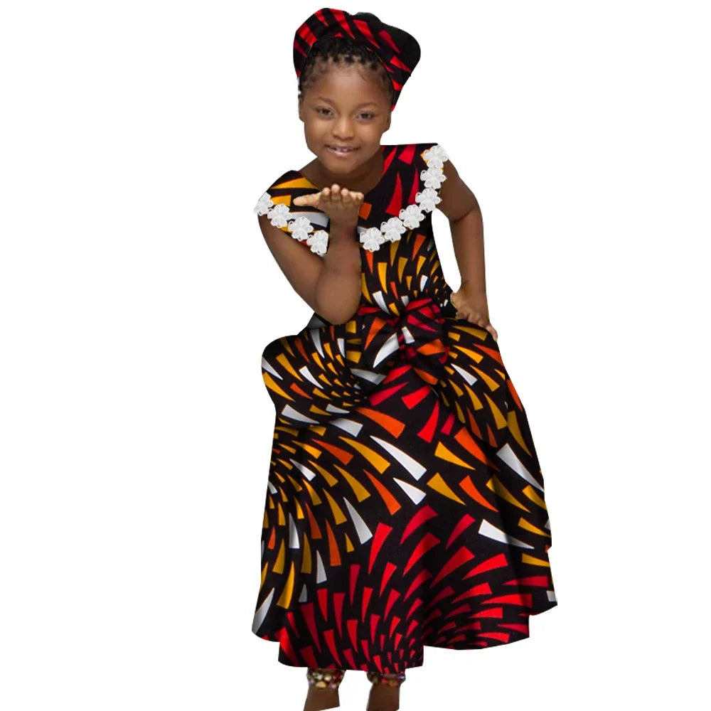 African Dresses for Little Girls Pleated Skirt Gifted Hair Band Lovely Girl Clothing with Big Bow Custom Size Clothes  WYT538