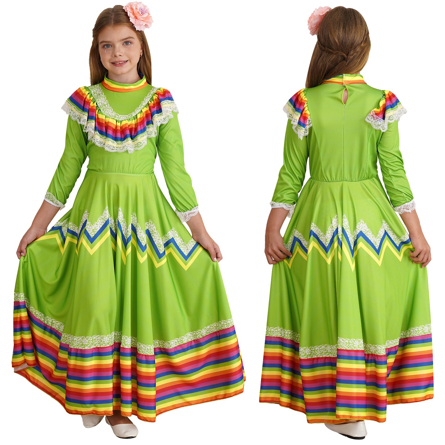 Kids Girls Mexican Style Costume Traditional Jalisco Dresses Carnival Festival Folklorico Dance Celebrations Performance Dress