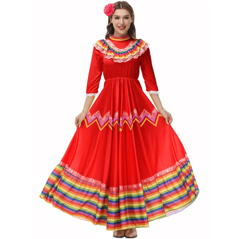 Women Traditional Mexican Folk Dancer Dress for Adult National Mexico Style Cinco De Mayo Costume Bohemia Long