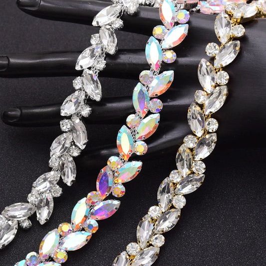 1 yard AB color/White leaf rhinestone Metal chain Shiny crystal chain Silver plated sewing applique decorative wedding accessory