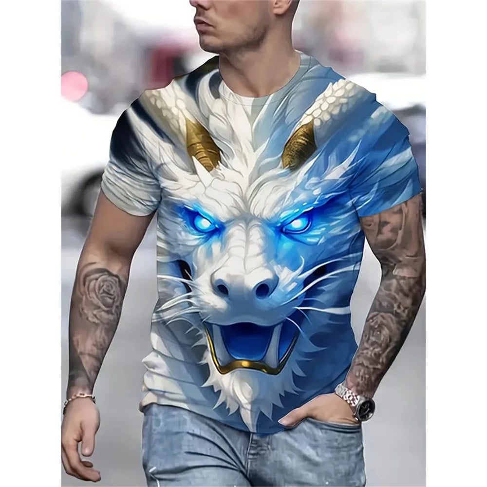 Mens Dragon Print Cotton Blend T-shirt - Stylish Crew Neck Comfortable & Breathable for Summer Casual Everyday Wear Hot Sale