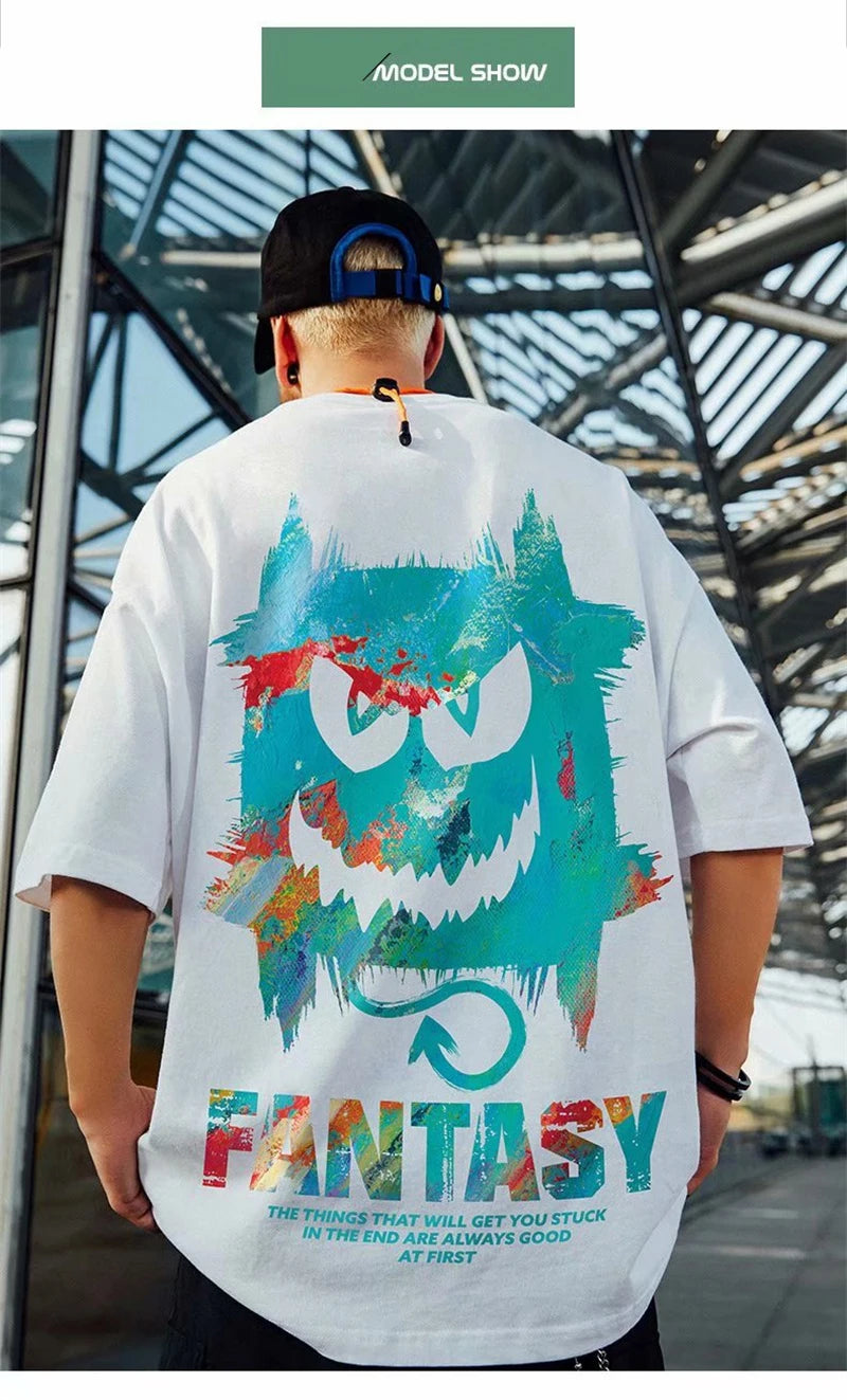 Harajuku Devil Graffiti Print Oversized Tee Shirts Men Summer Short Sleeve T-Shirts Couples Hip Hop Fashion Tops y2k Streetwear