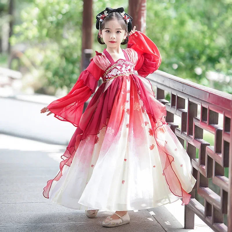 Chinese Vintage Style Girls Long Sleeve Red Hanfu Dress Sweet Chinese Princess Mesh Dress Traditional New Year Cosplay Custom