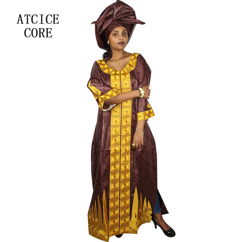 African Dresses For Woman Bazin Riche Embroidery Desing Long Dress With Scarf 2 Piece Set