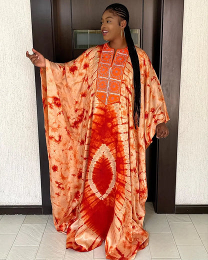 African Dresses For Women Tie Dyed Dashiki Embroidery Design Couple Fashion Elegant Dress With Scarf