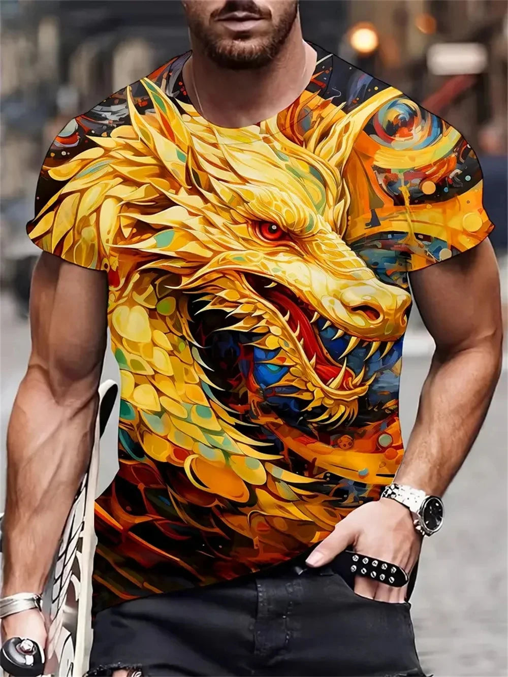 Mens Dragon Print Cotton Blend T-shirt - Stylish Crew Neck Comfortable & Breathable for Summer Casual Everyday Wear Hot Sale