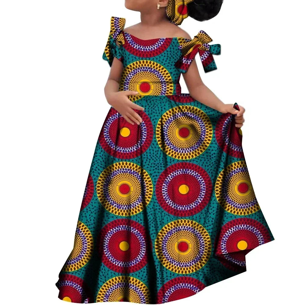 Kids Girls African Dashiki Dress Printted Vestidos Kids Cute Party Dresses African Clothing Long Dresses with Headscarf Wyt659