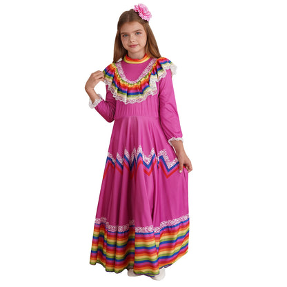 Kids Girls Mexican Style Costume Traditional Jalisco Dresses Carnival Festival Folklorico Dance Celebrations Performance Dress