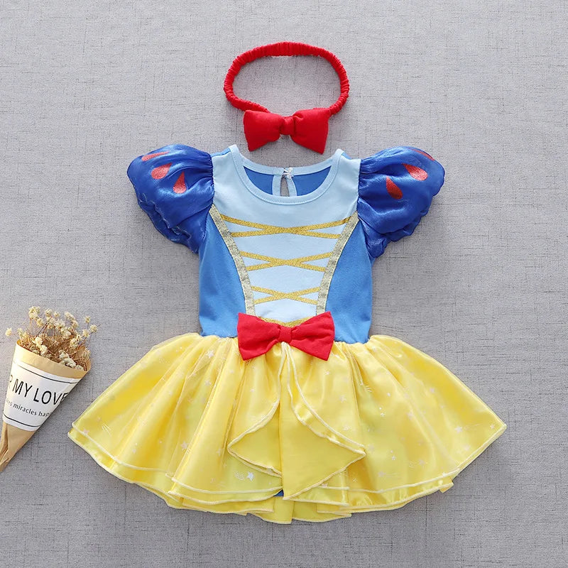 Baby Girls Princess Romper Bodysuit Headband 2pcs Elsa Anna Snow White Mermaid Bell Costumes Newborn Jumpsuits Tulle Bow Rompers