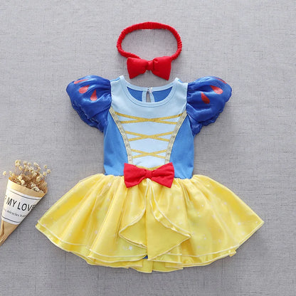 Baby Girls Princess Romper Bodysuit Headband 2pcs Elsa Anna Snow White Mermaid Bell Costumes Newborn Jumpsuits Tulle Bow Rompers