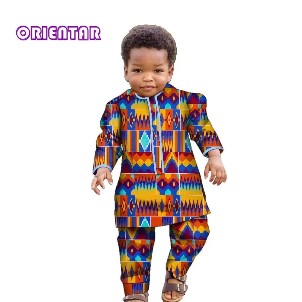 Ankara Fashion Floral Print Boy Suit 2 Pcs Set Long Sleeve Shirt and Pant African Clothes for Boy Dashiki Boy Outfit Wyt621