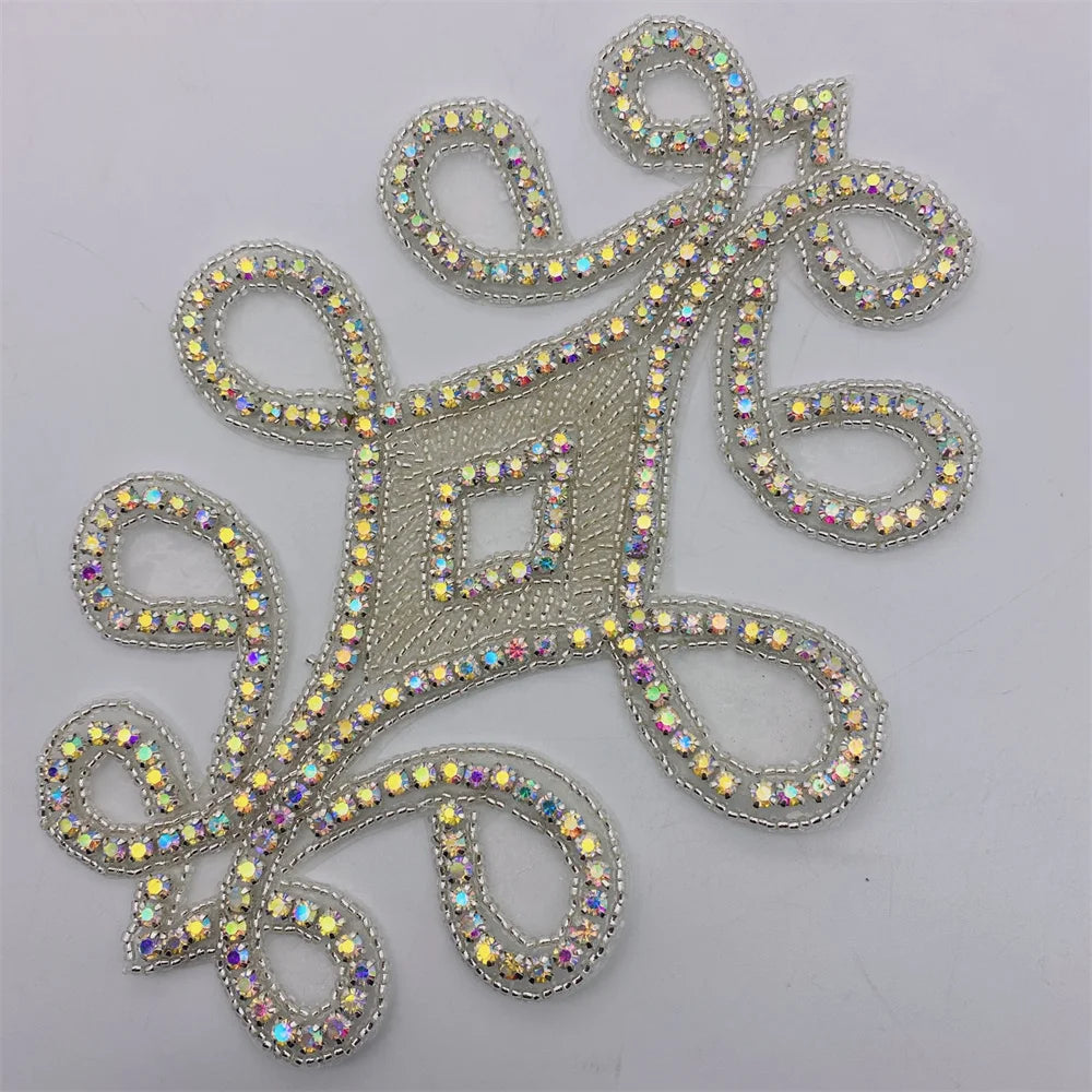 1PCS  AB Silver Rhinestone Applique flower patches Iron on/sew on wedding dress accessories For Clothes Decoration