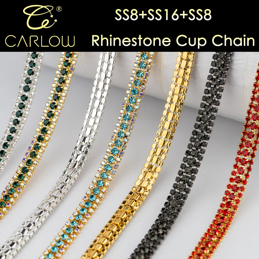 CARLOW AAAAA 3 Rows Rhinestone Cup Chain Sew on Shiny Gold Base Glass Stone Chain for Garement Decoration DIY