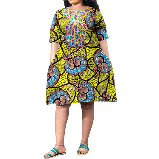 African Women's Plus Size Dress Colorful Stamping with Accessories Casual Short Sleeve Travel Printed Fabric Knee Dress A2225153