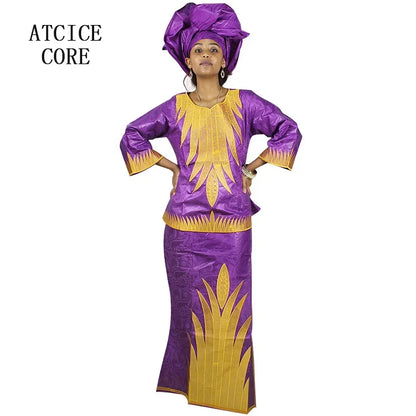 African Dresses For Women Church Dress Bazin Riche Embroidery Design Robe Top Scarf Three Pcs One Set