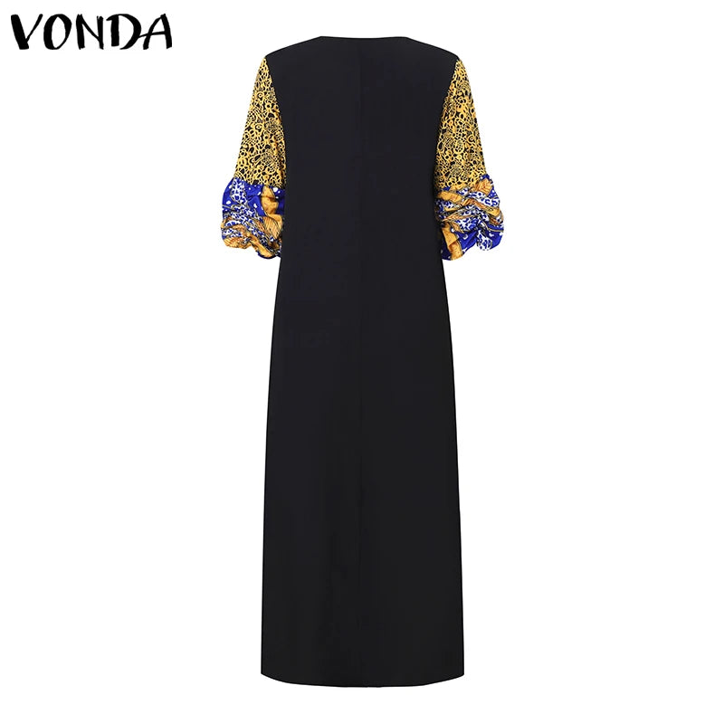 Plus Size VONDA Women Bohemian Dress 2024 Casual Half Puff Sleeve Round Neck Long Robes Vintage Printed Sundress Party Vestidos